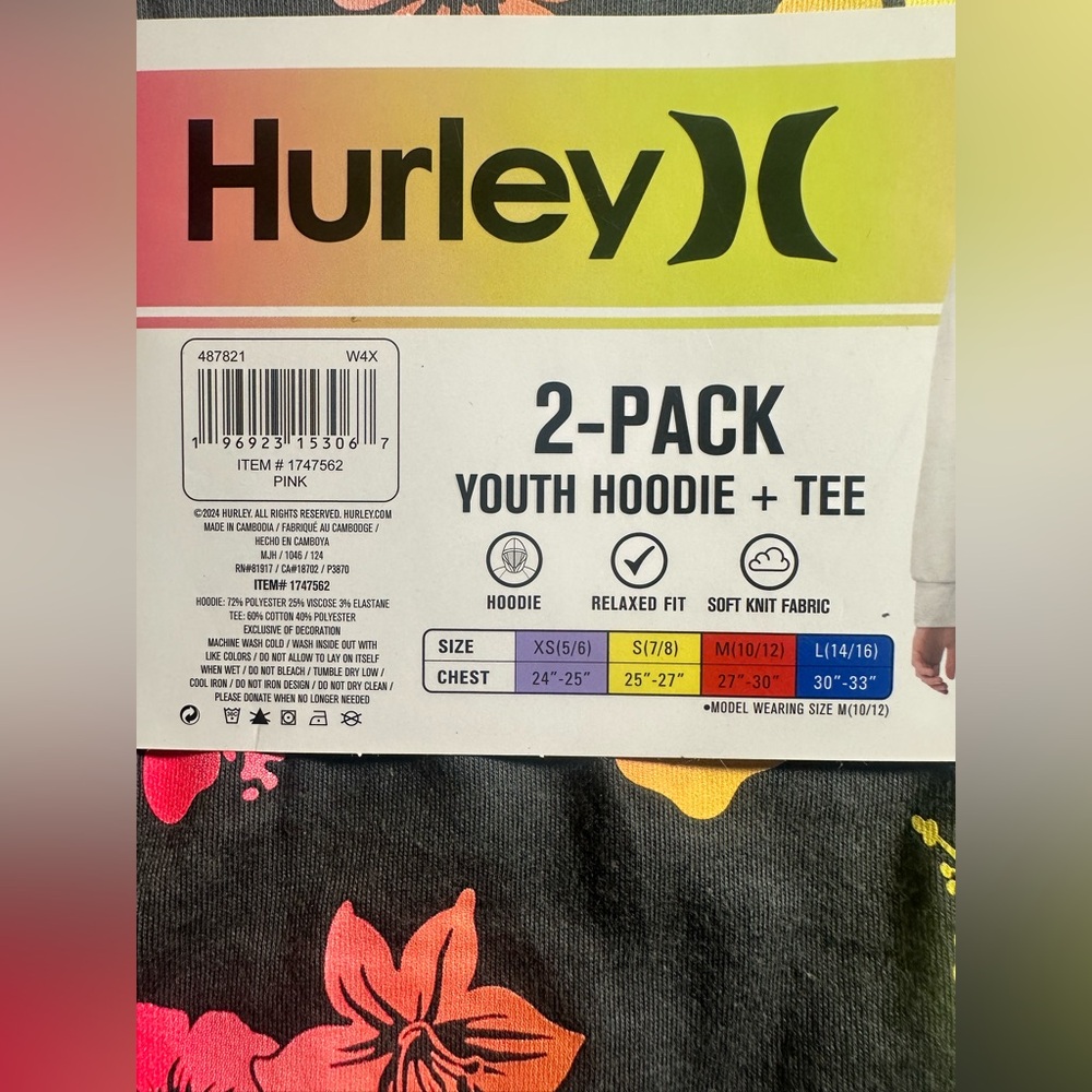 Hurley Youth Girls Hoodie & Tee (2‎ Pcs Set) Gray, Multicolor, Large (14/16) NEW - Picture 6 of 6